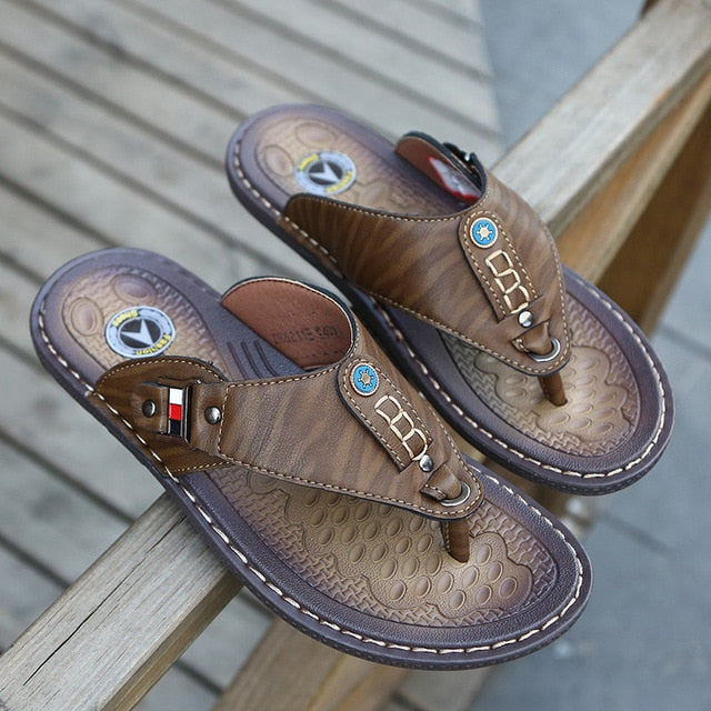 Men's Leather Threaded Summer Slide Comfort Flip Flops