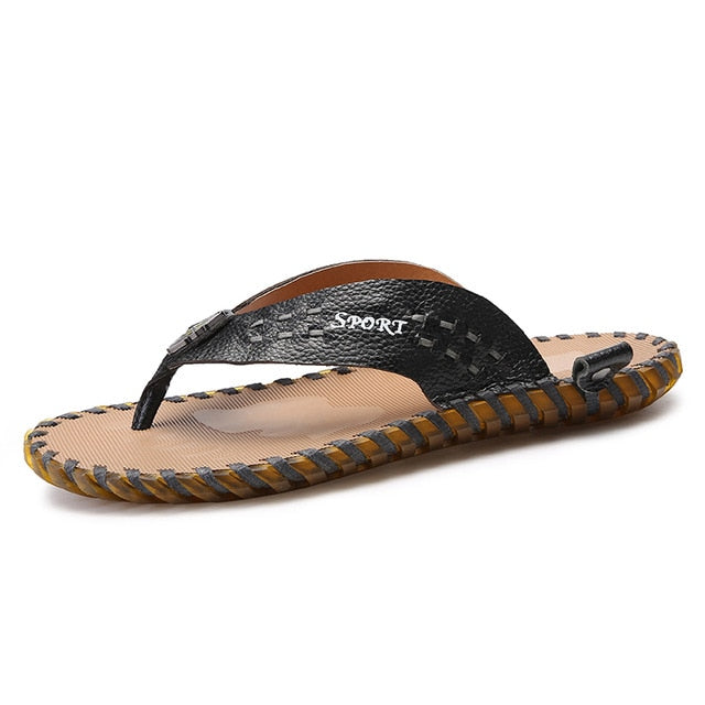 Men's Leather Threaded Summer Slide Comfort Flip Flops