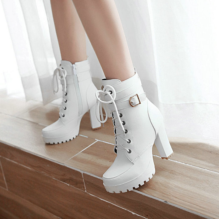 Women's Fashion Lace-Up Heeled Buckle Boots