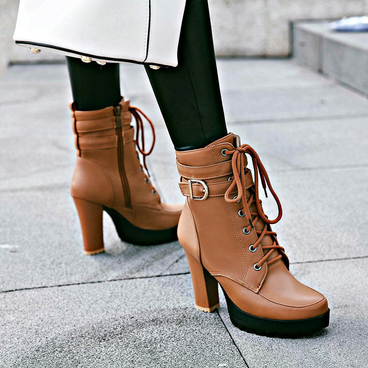 Women's Fashion Lace-Up Heeled Buckle Boots