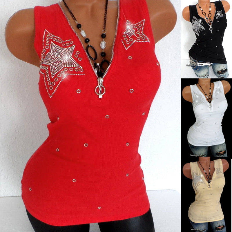 Women's Beaded Cotton Zipper V Neck Sleeveless Top