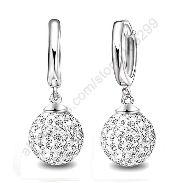 Women's Pure 925 Sterling Silver Pave Crystal Ball Earrings