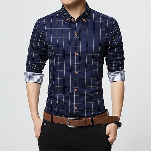 Men's Plaid Long Sleeve Slim Fit Business Dress Shirt