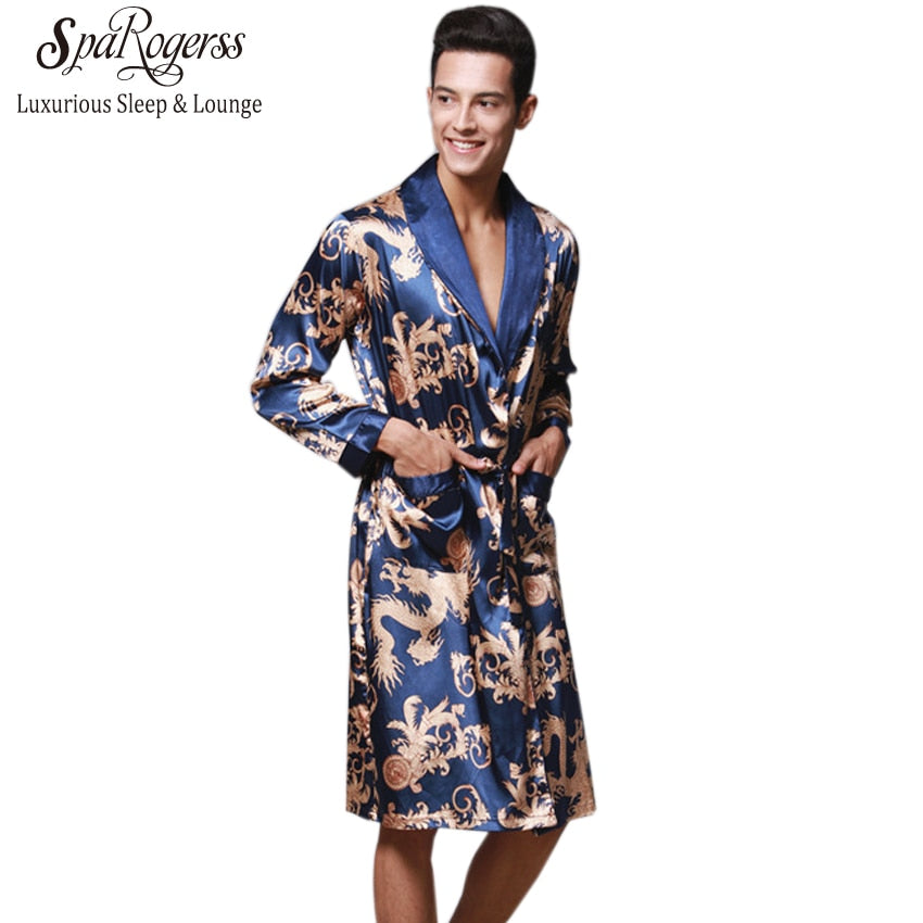 Luxury Chinese King Dragon Men Robe Home Clothing Silky Long Bathrobe Brand Faux Silk Long Male Sleep Robe L-3XL Robes WP032