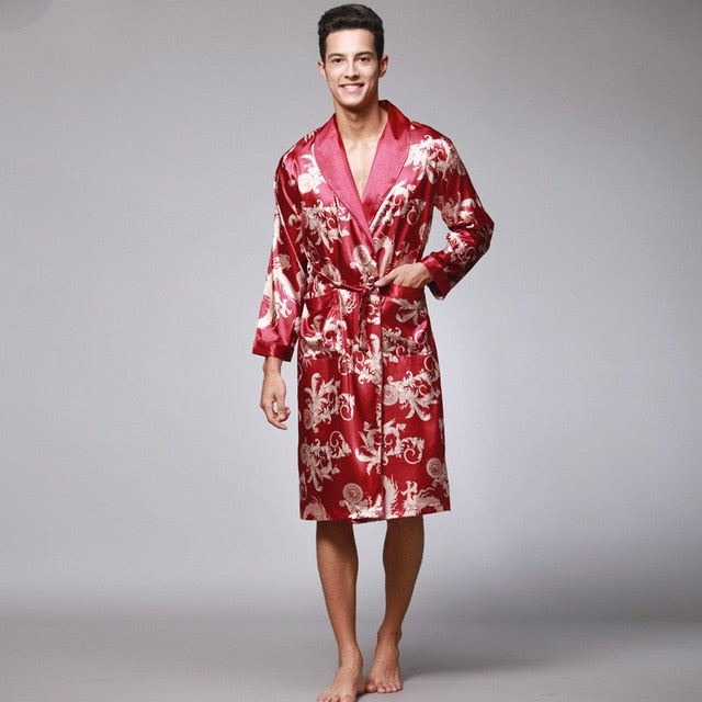 Luxury Chinese King Dragon Men Robe Home Clothing Silky Long Bathrobe Brand Faux Silk Long Male Sleep Robe L-3XL Robes WP032