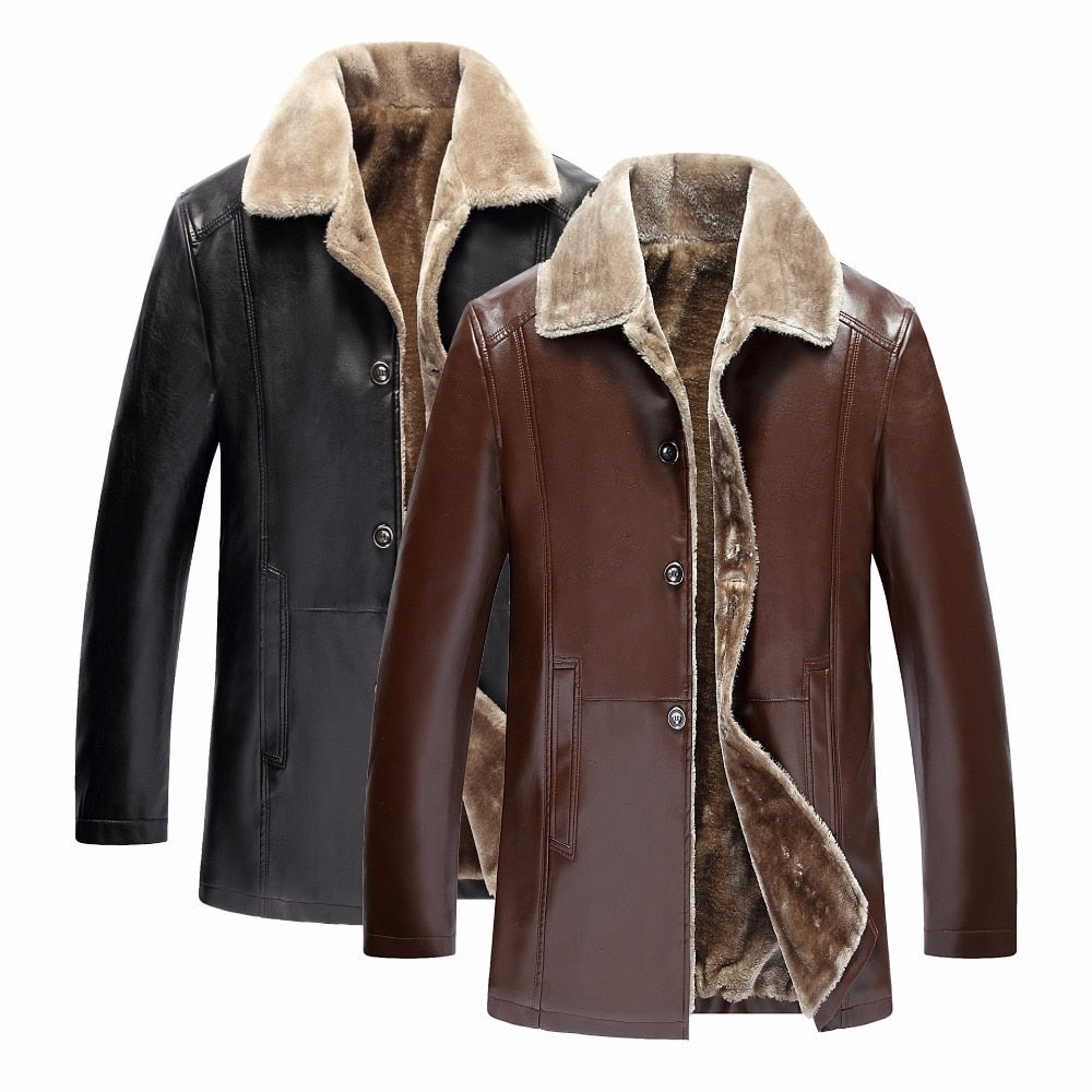 Men's Suede Leather Faux Fur Lined Button-Up Jacket