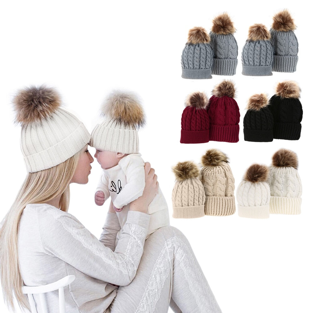 Mom And Baby Cotton Knitted Hat with Pompom