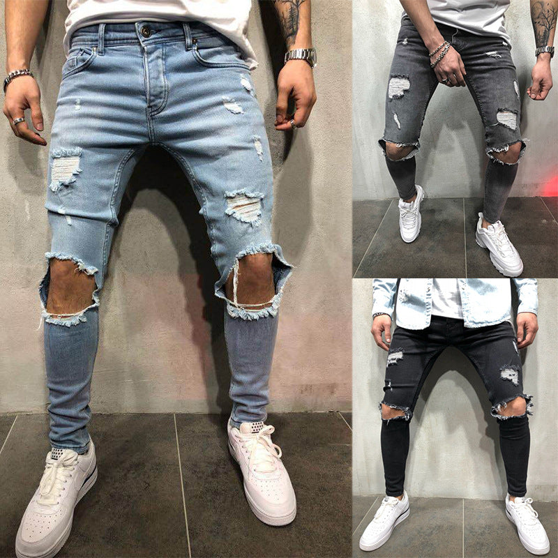 Fashion Streetwear Men's Jeans Vintage Blue Gray Color Skinny Destroyed Ripped Jeans Broken Punk Pants Homme Hip Hop Jeans Men
