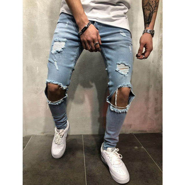 Fashion Streetwear Men's Jeans Vintage Blue Gray Color Skinny Destroyed Ripped Jeans Broken Punk Pants Homme Hip Hop Jeans Men