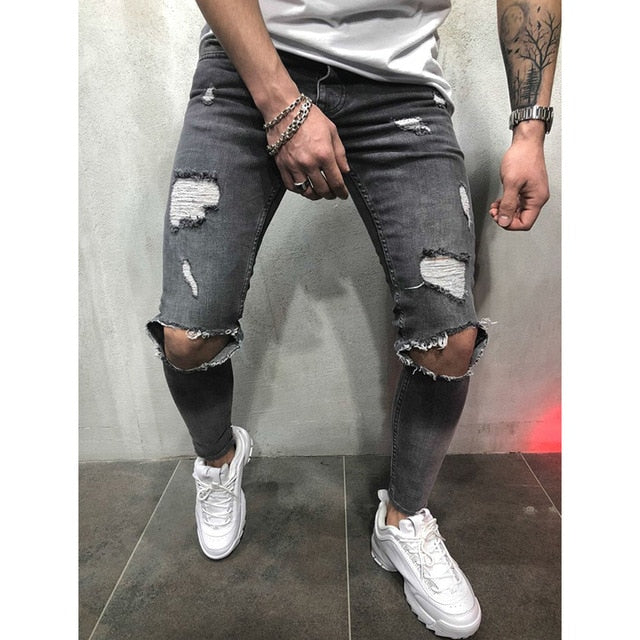 Fashion Streetwear Men's Jeans Vintage Blue Gray Color Skinny Destroyed Ripped Jeans Broken Punk Pants Homme Hip Hop Jeans Men