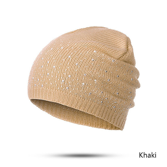 Evrfelan winter autumn beanie hats women soft knitting skullies beanies hat female fashion rhinestone cotton hat cap