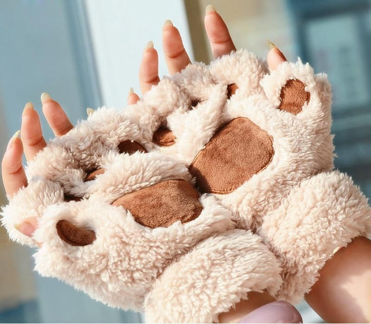 Thick Fuzzy Warm Half Finger Panther Claw Winter Gloves