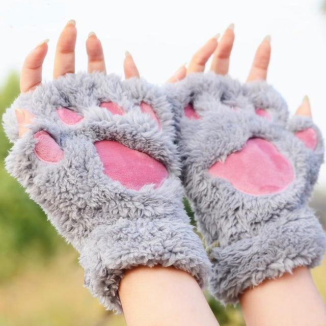 Thick Fuzzy Warm Half Finger Panther Claw Winter Gloves