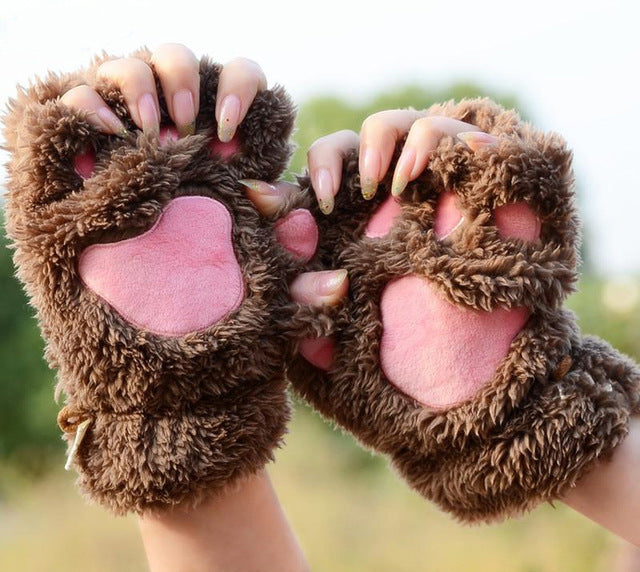 Thick Fuzzy Warm Half Finger Panther Claw Winter Gloves