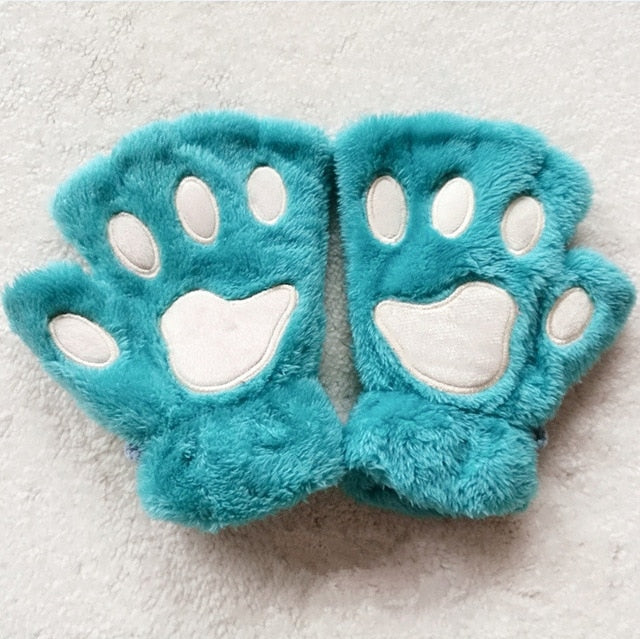 Thick Fuzzy Warm Half Finger Panther Claw Winter Gloves