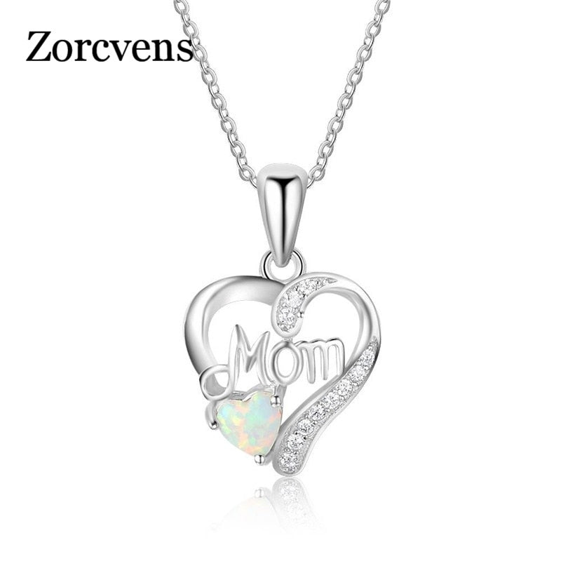 Women's Mom Opal Heart Pendant Necklace