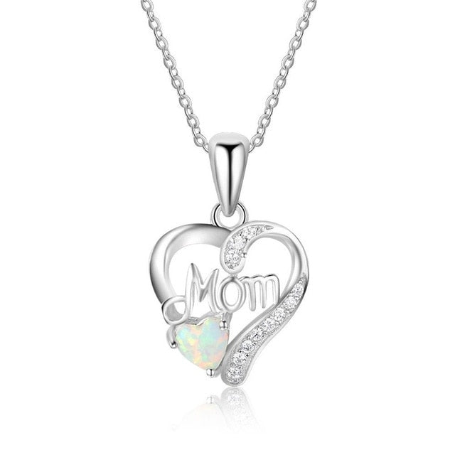 Women's Mom Opal Heart Pendant Necklace