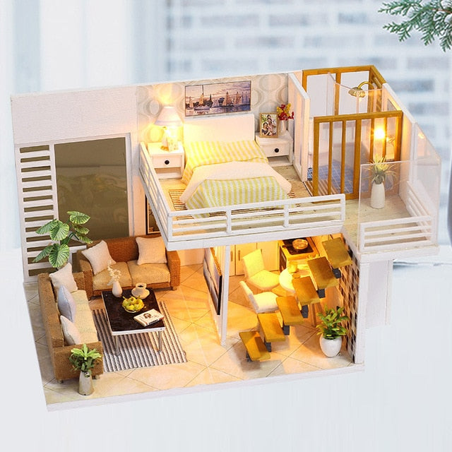 Miniature Wooden Dollhouse Kit with Miniature Furniture