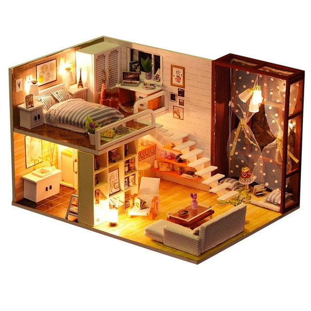 Miniature Wooden Dollhouse Kit with Miniature Furniture