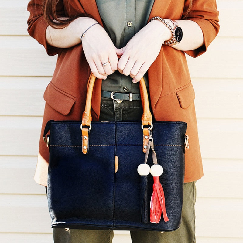 Women's Large Capacity Leather Tote Tasseled Handbag