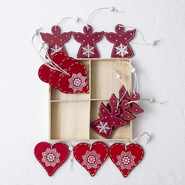 12 Piece: White and Red Wooden Christmas Tree Ornaments