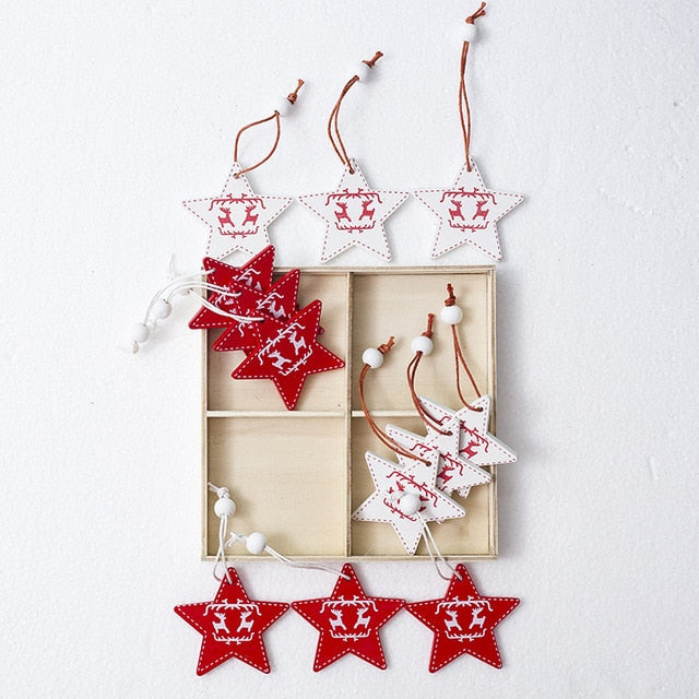 12 Piece: White and Red Wooden Christmas Tree Ornaments