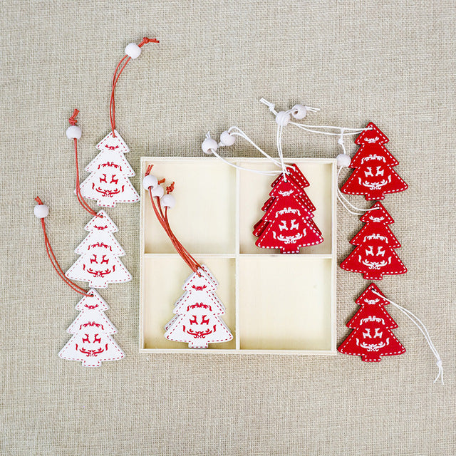12 Piece: White and Red Wooden Christmas Tree Ornaments