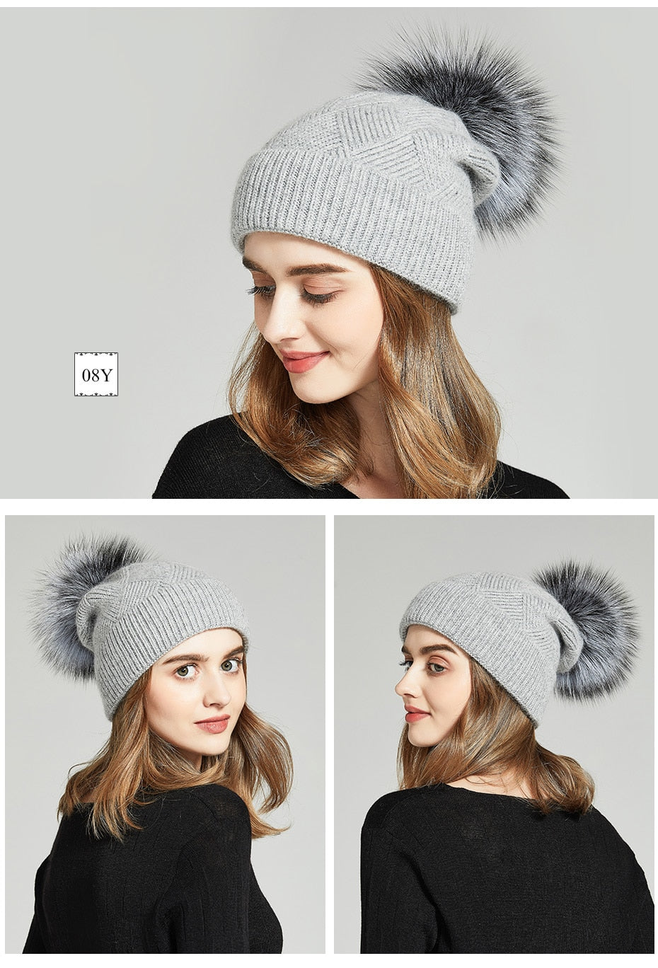 Women's Wool Knit Natural Fur Pompom Winter Beanie