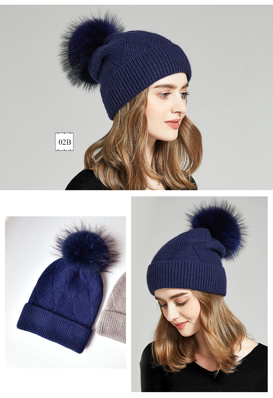 Women's Wool Knit Natural Fur Pompom Winter Beanie