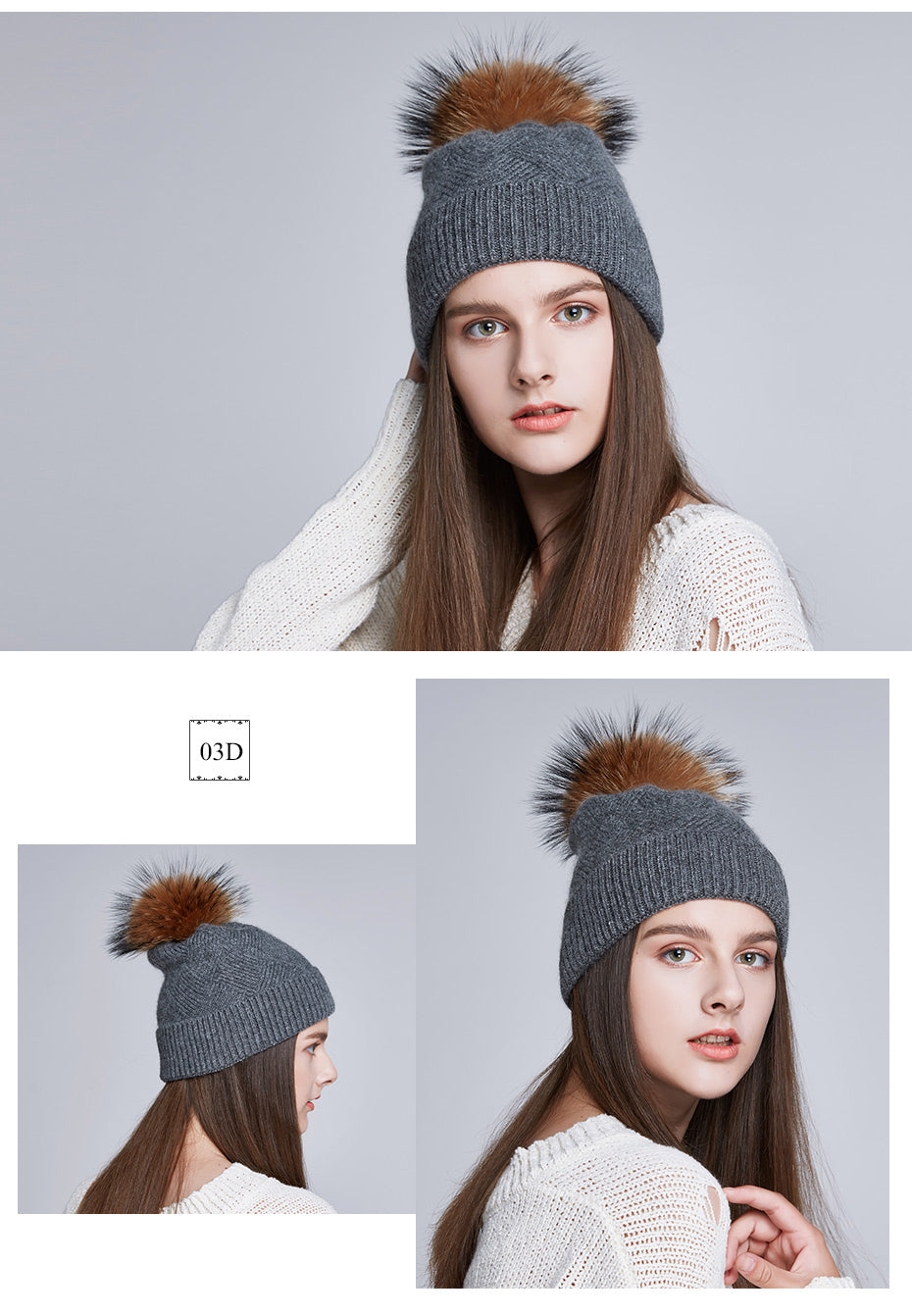 Women's Wool Knit Natural Fur Pompom Winter Beanie