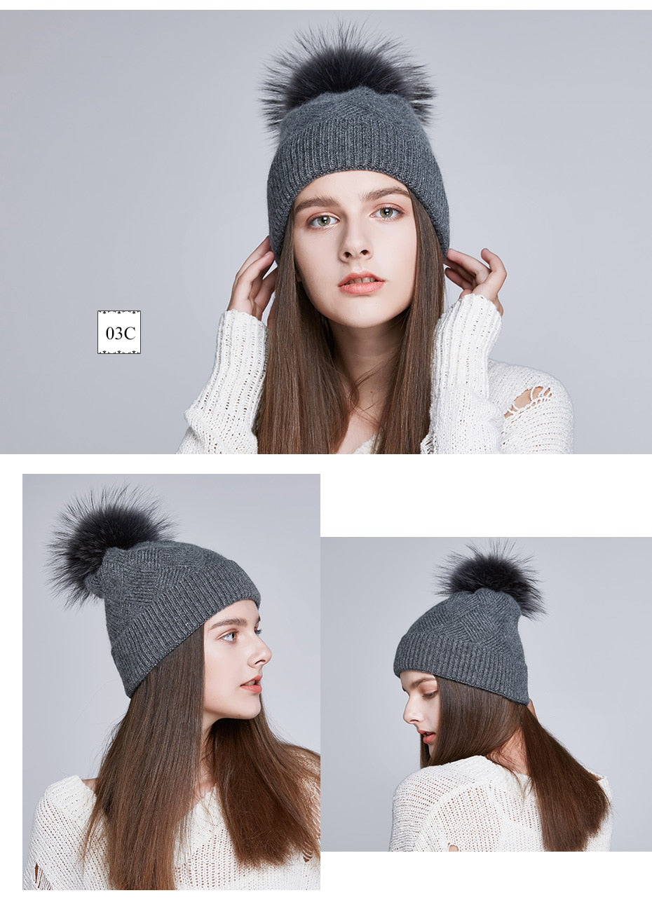 Women's Wool Knit Natural Fur Pompom Winter Beanie