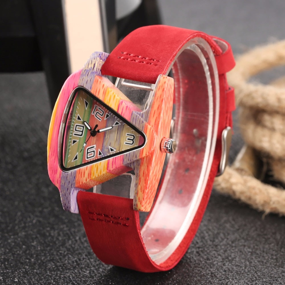 Women's Colorful Wooden Triangular Quartz Wristwatch