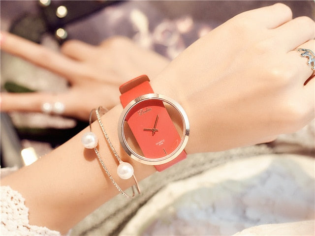 Women's Luxury Leather Band Transparent Wrist Watch