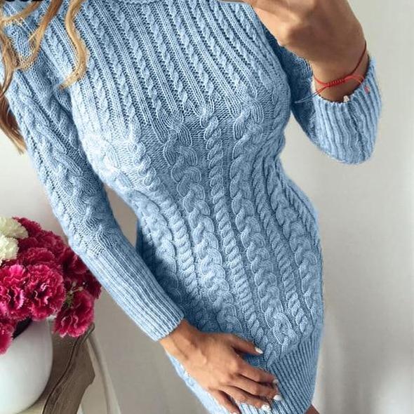 Women's O-Neck Long Sleeve Warm Knitted Sweater Dress