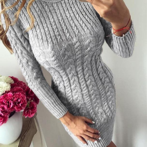 Women's O-Neck Long Sleeve Warm Knitted Sweater Dress