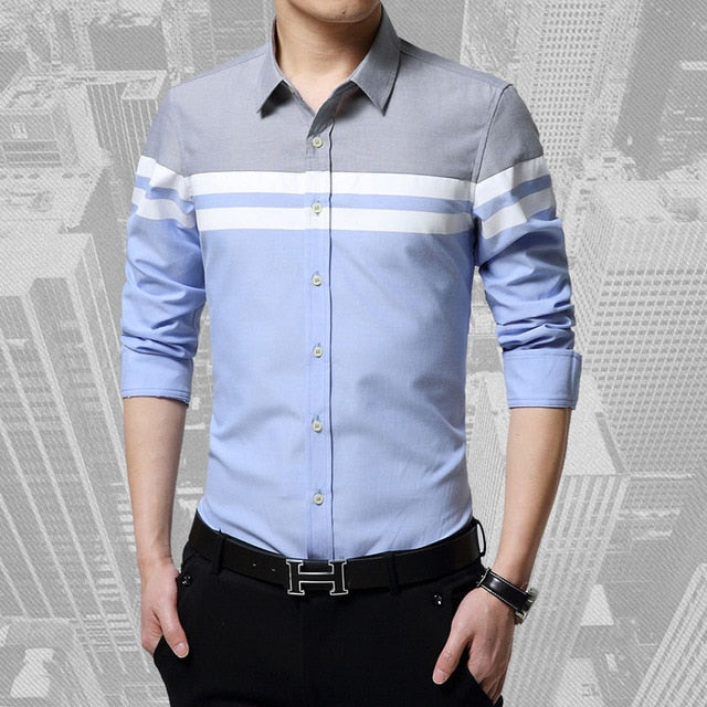 Men's Slim Fit Patchwork Stripe Long Sleeve Shirt