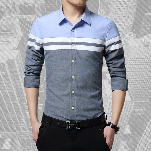 Men's Slim Fit Patchwork Stripe Long Sleeve Shirt