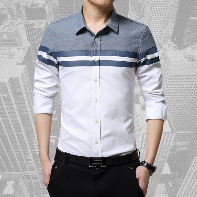 Men's Slim Fit Patchwork Stripe Long Sleeve Shirt