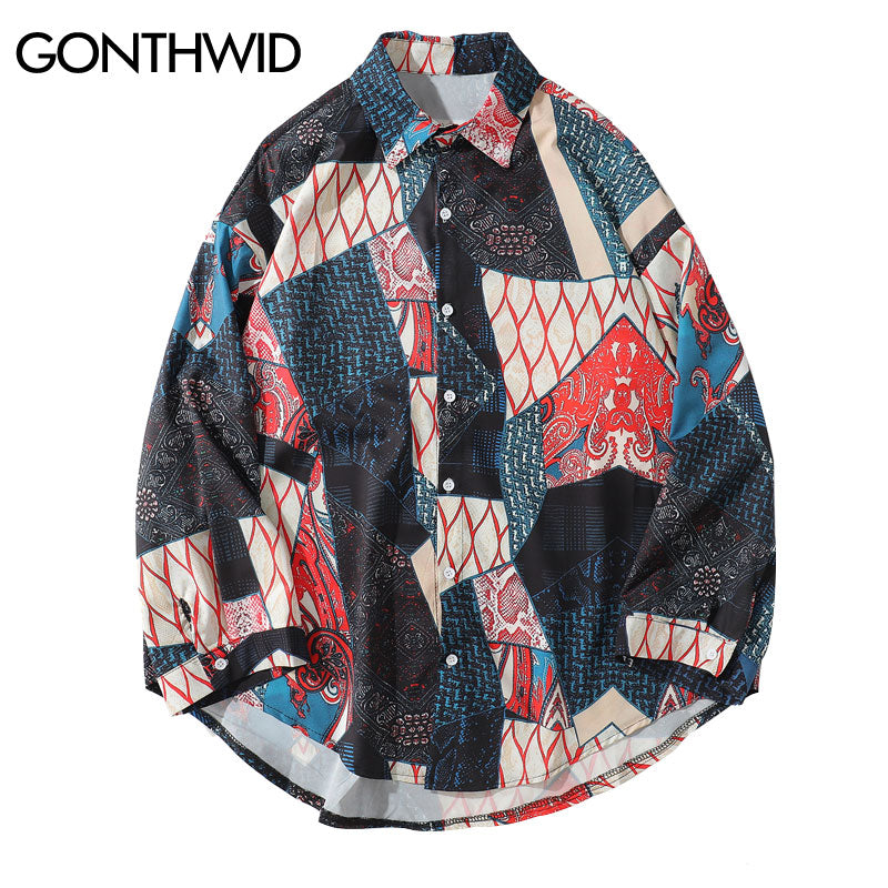 Men's Japanese Ukiyo E Geometry Patchwork Long Sleeve Shirt
