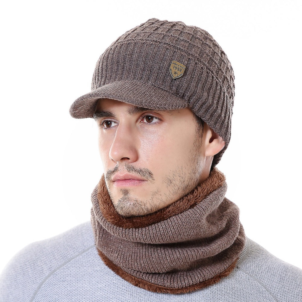 Men's Wool Lined Neck Warmer and Winter Knit Brimmed Beanie