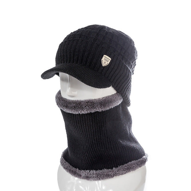 Men's Wool Lined Neck Warmer and Winter Knit Brimmed Beanie