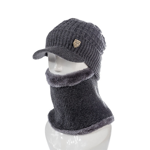 Men's Wool Lined Neck Warmer and Winter Knit Brimmed Beanie