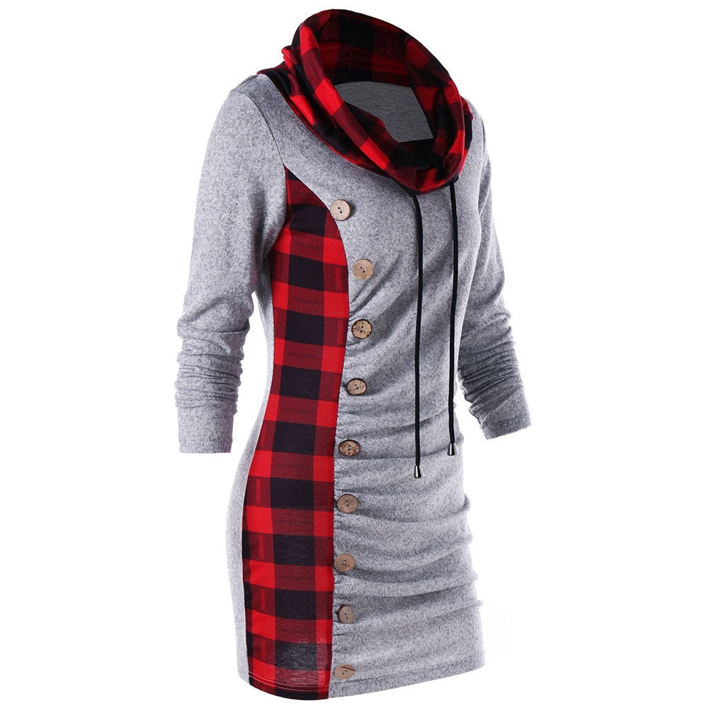 Women's Plaid Drawstring Cowl Neck Long Sleeve Sweater Dress