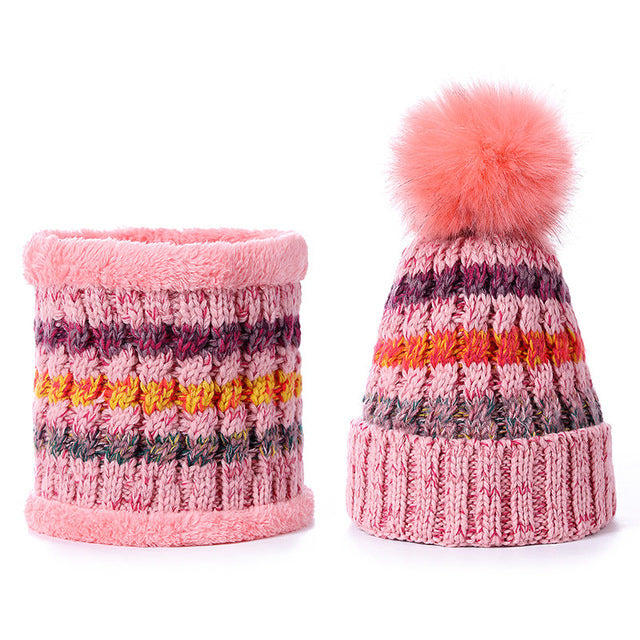 Women's Soft Fur Lined Striped PomPom Beanie and Neck Warmer