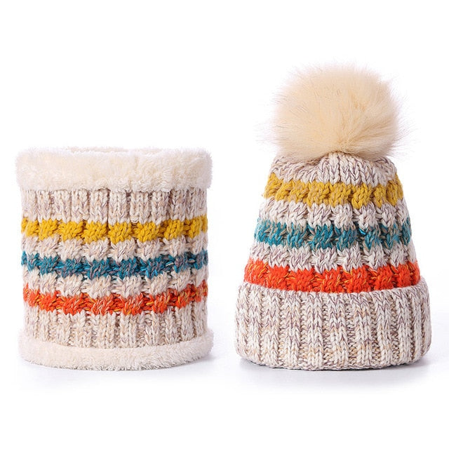 Women's Soft Fur Lined Striped PomPom Beanie and Neck Warmer