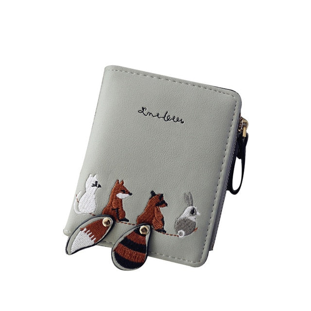 Women's Short Leather Animal Tail Embellished Wallet with Zipper