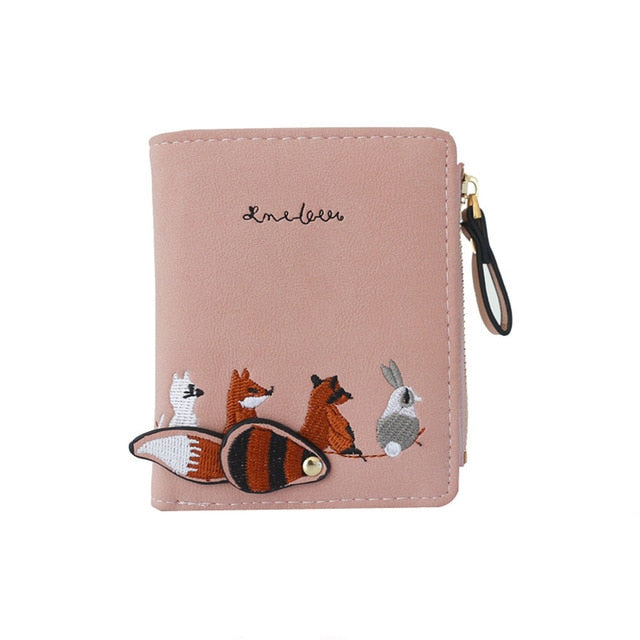 Women's Short Leather Animal Tail Embellished Wallet with Zipper