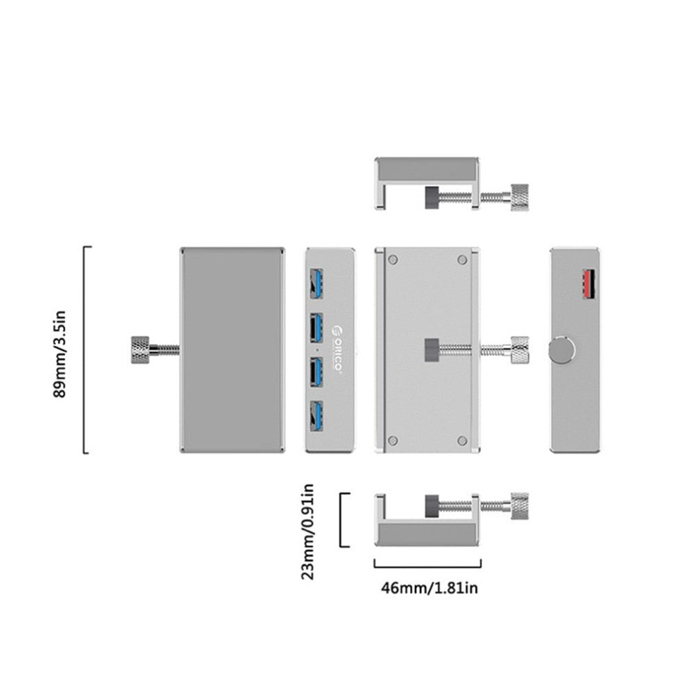 Aluminum Alloy Clamp-On 4-Port 3.0 USB Hub