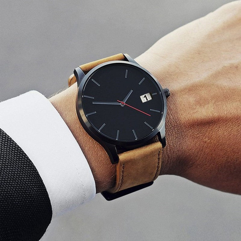 Men's Leather Minimalist Analog Quartz Wrist Watch