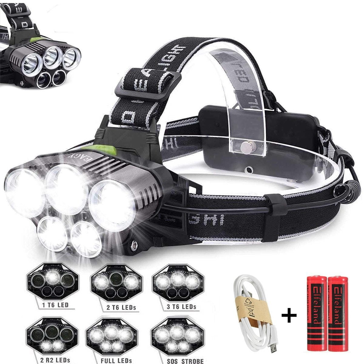 USB Rechargeable Waterproof 50,000 lumens LED Torch Headlamp